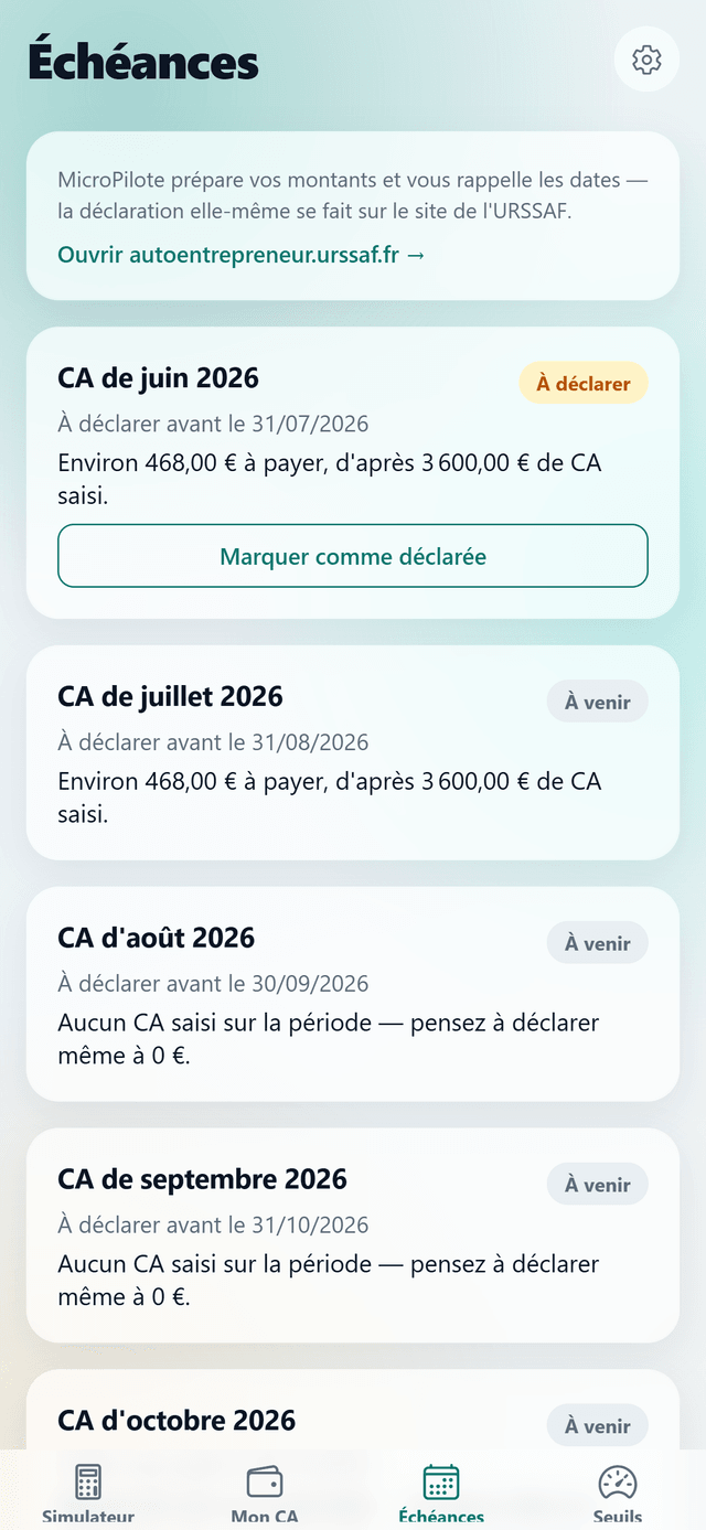 Écran des échéances MicroPilote avec rappels de déclaration URSSAF et montants estimés