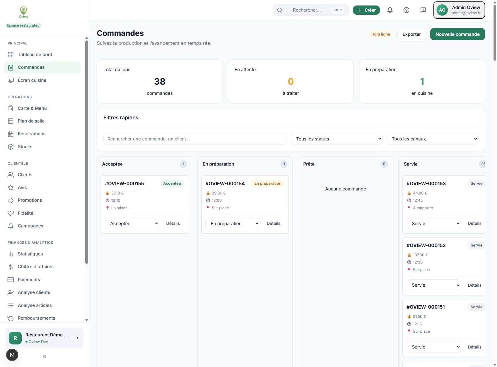 Suivi des commandes Oview en temps réel, de l'acceptation au service