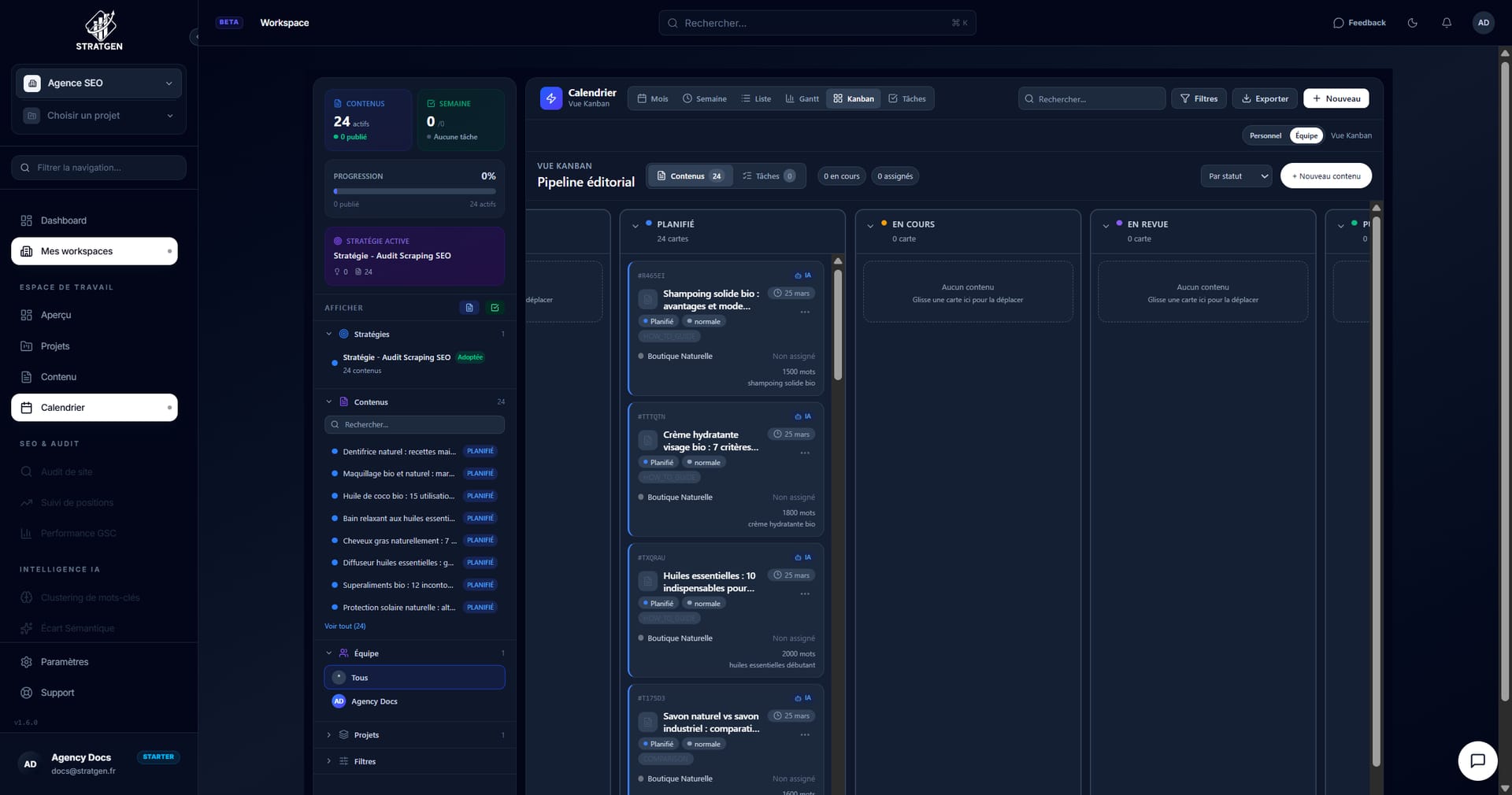 Calendrier éditorial StratGen en vue Kanban avec cartes de contenu et statuts